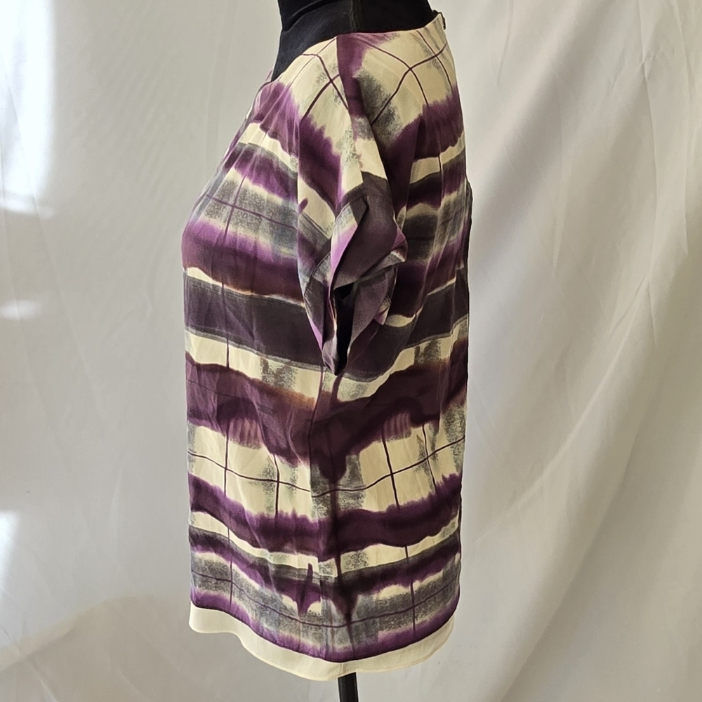 alice+olivia women XS silk watercolor 3/4 zipper blouse short sleeve boho Career - Picture 5 of 8